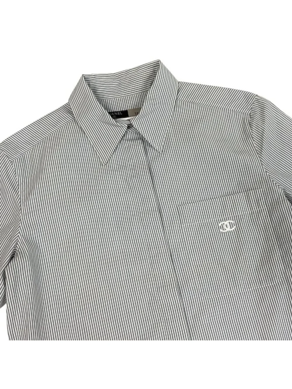 Chanel CC Logo Short Sleeve Striped Shirt 38 Gray White Cotton